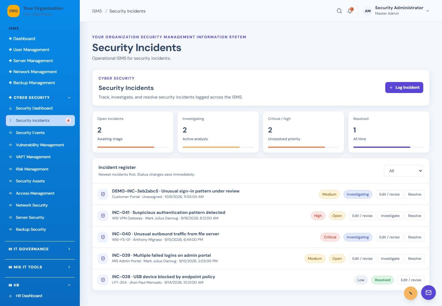 Security Incidents screen: Incident management