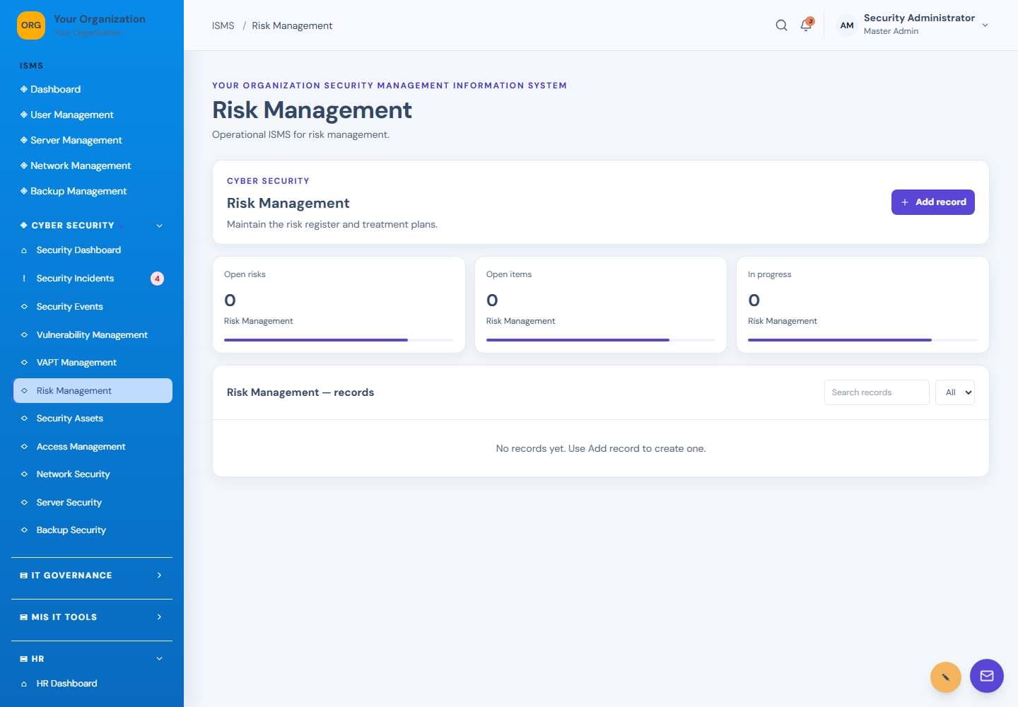 Risk Management screen: Risk register