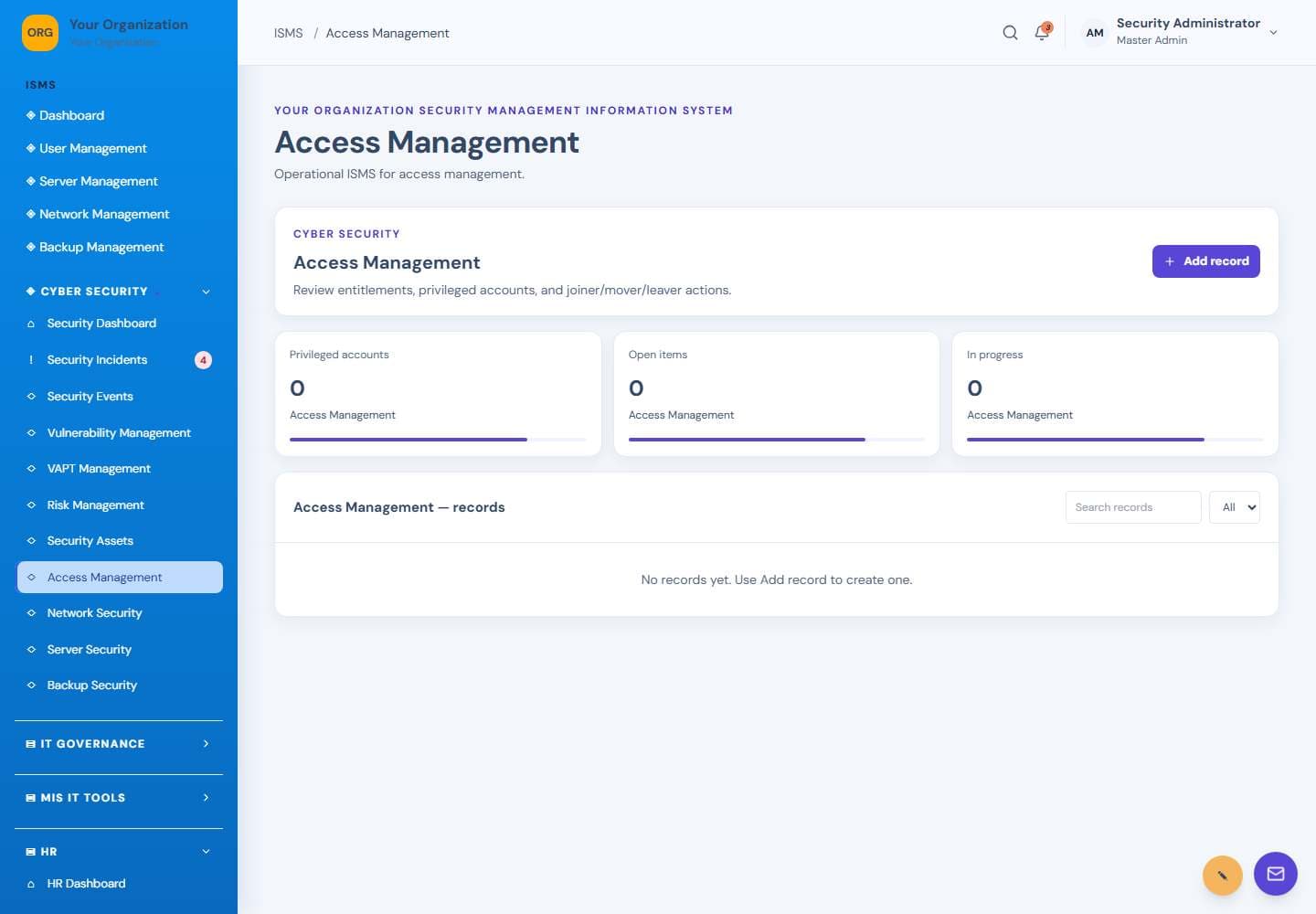 Access Management screen: Access management