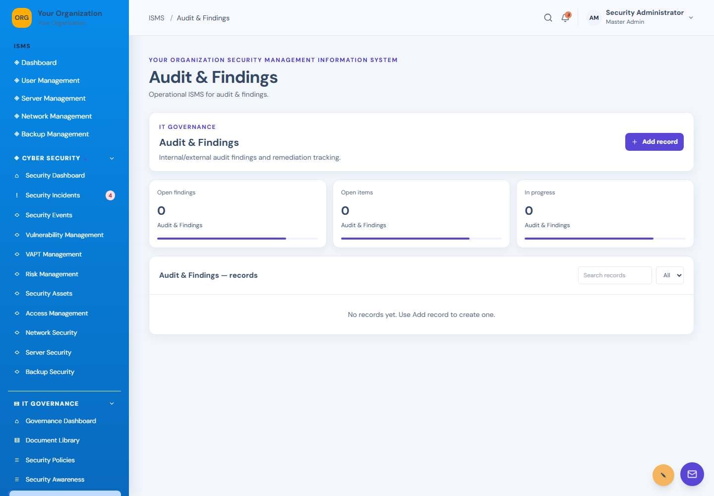 Audit & Findings screen: Audit and findings