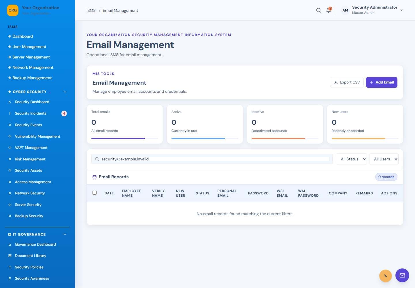 Email Management screen: Email management