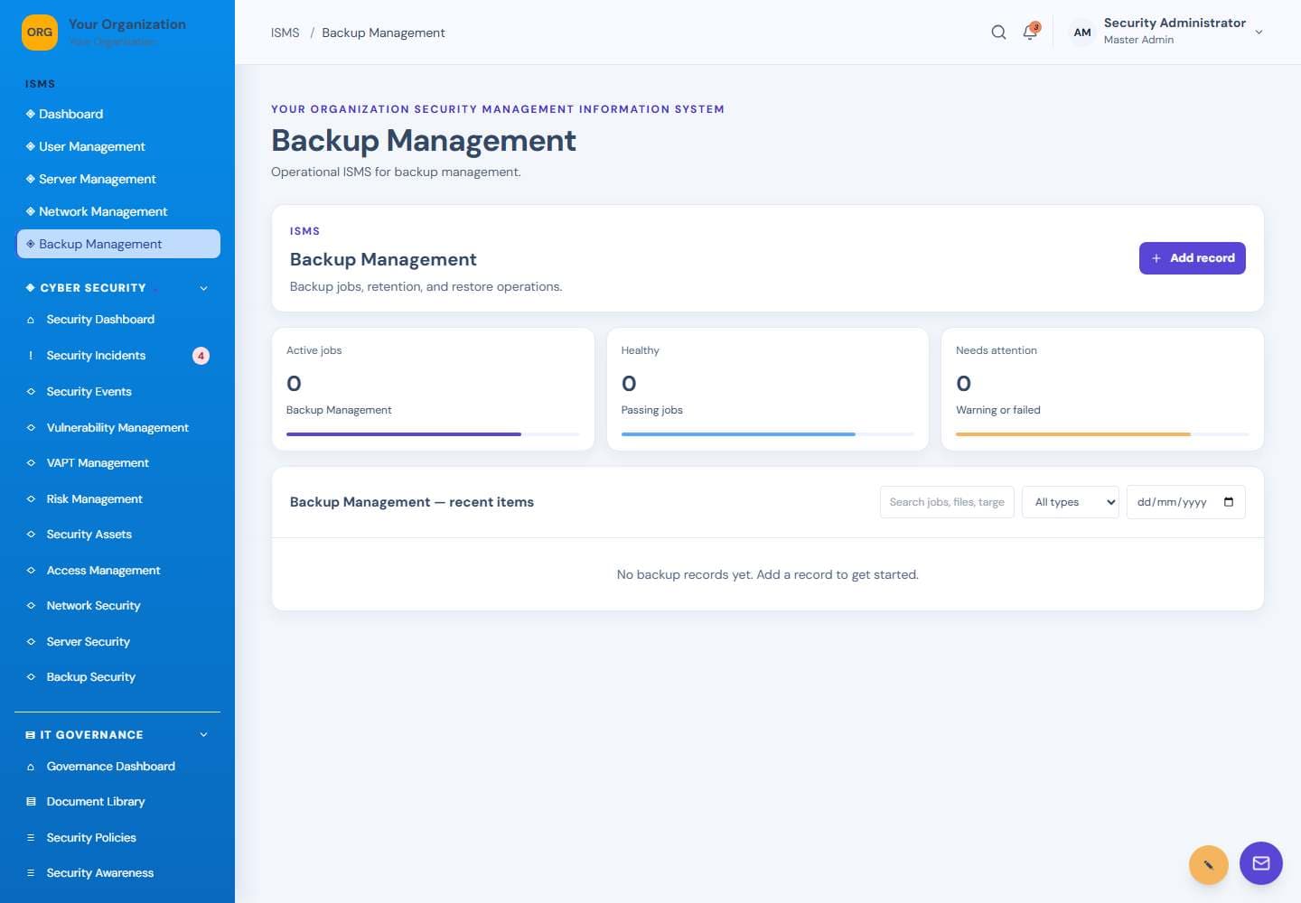 Backup Management screen: Backup management