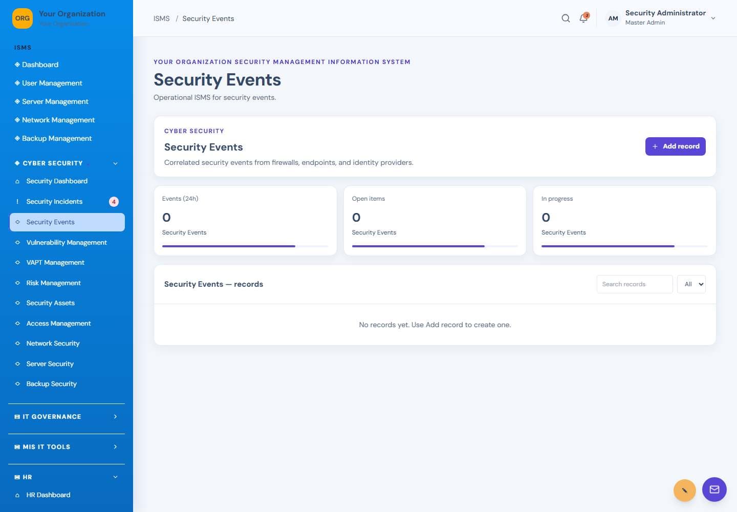Security Events screen: Security activity