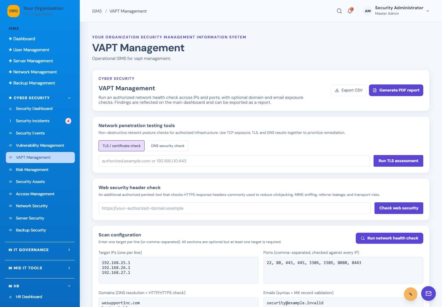 VAPT Management screen: Authorized security checks