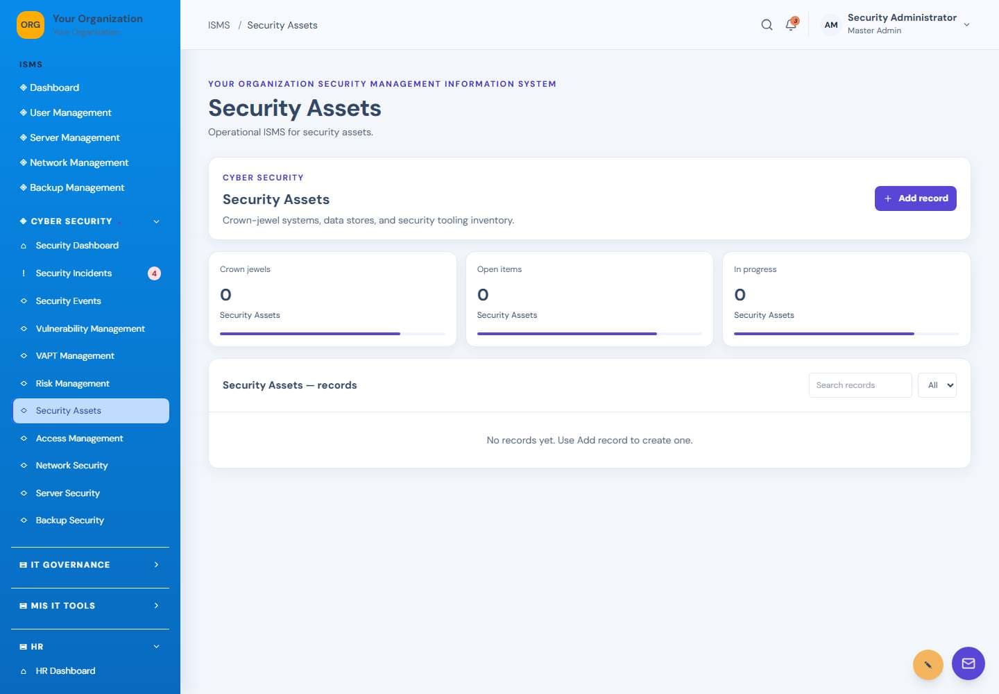 Security Assets screen: Security asset register