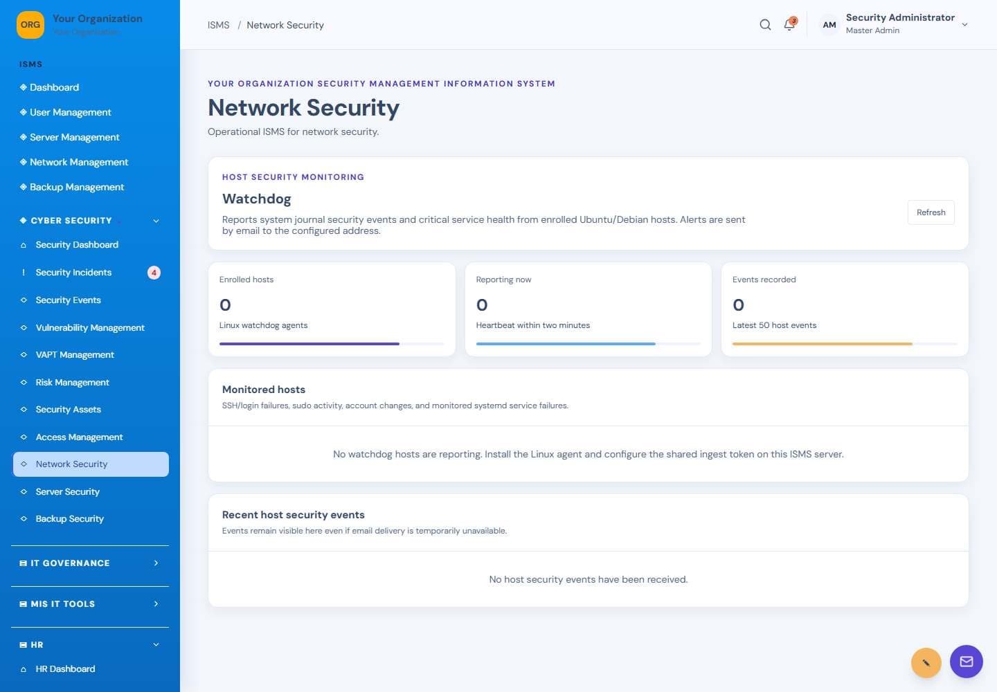 Network Security screen: Network security