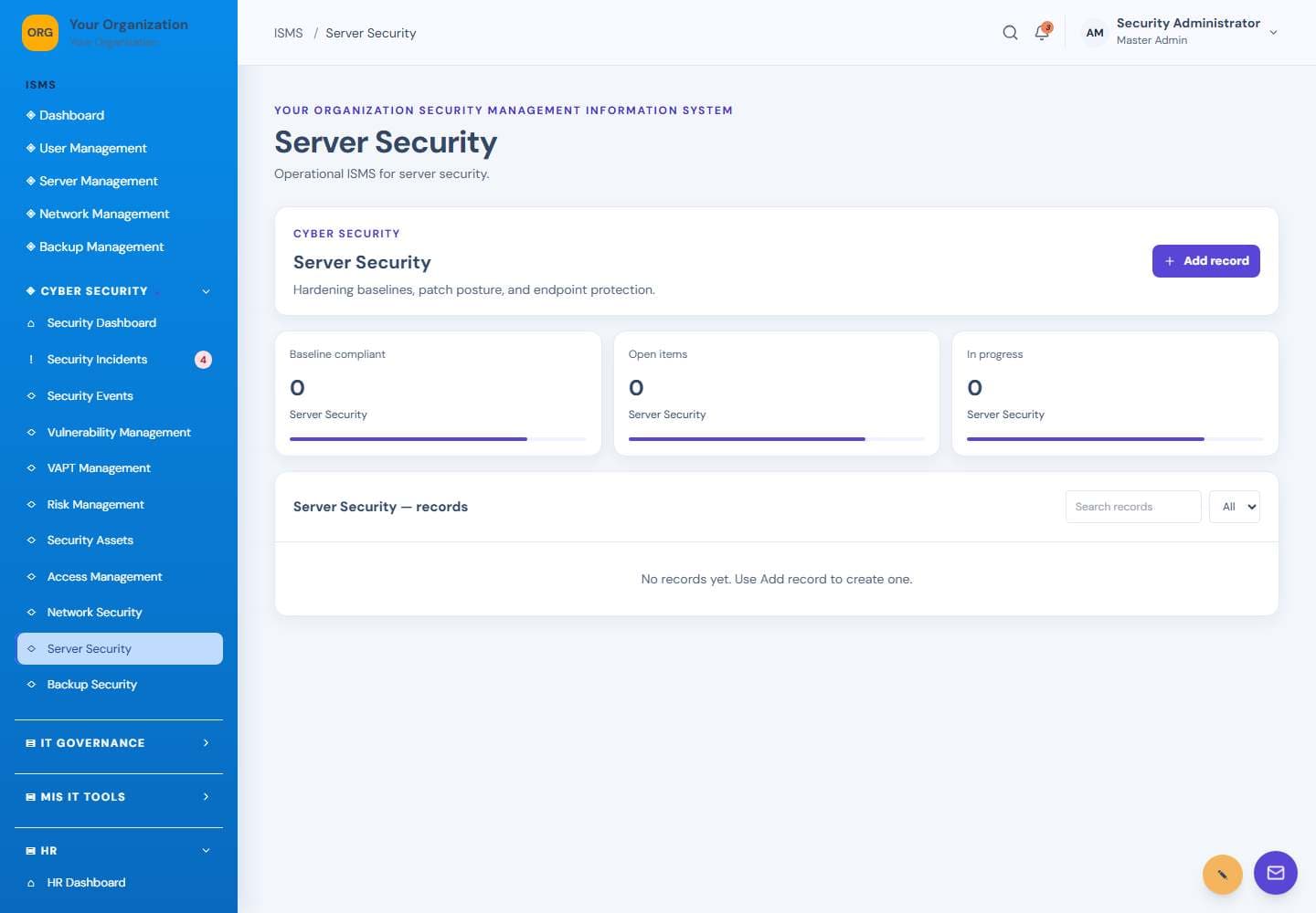Server Security screen: Server security