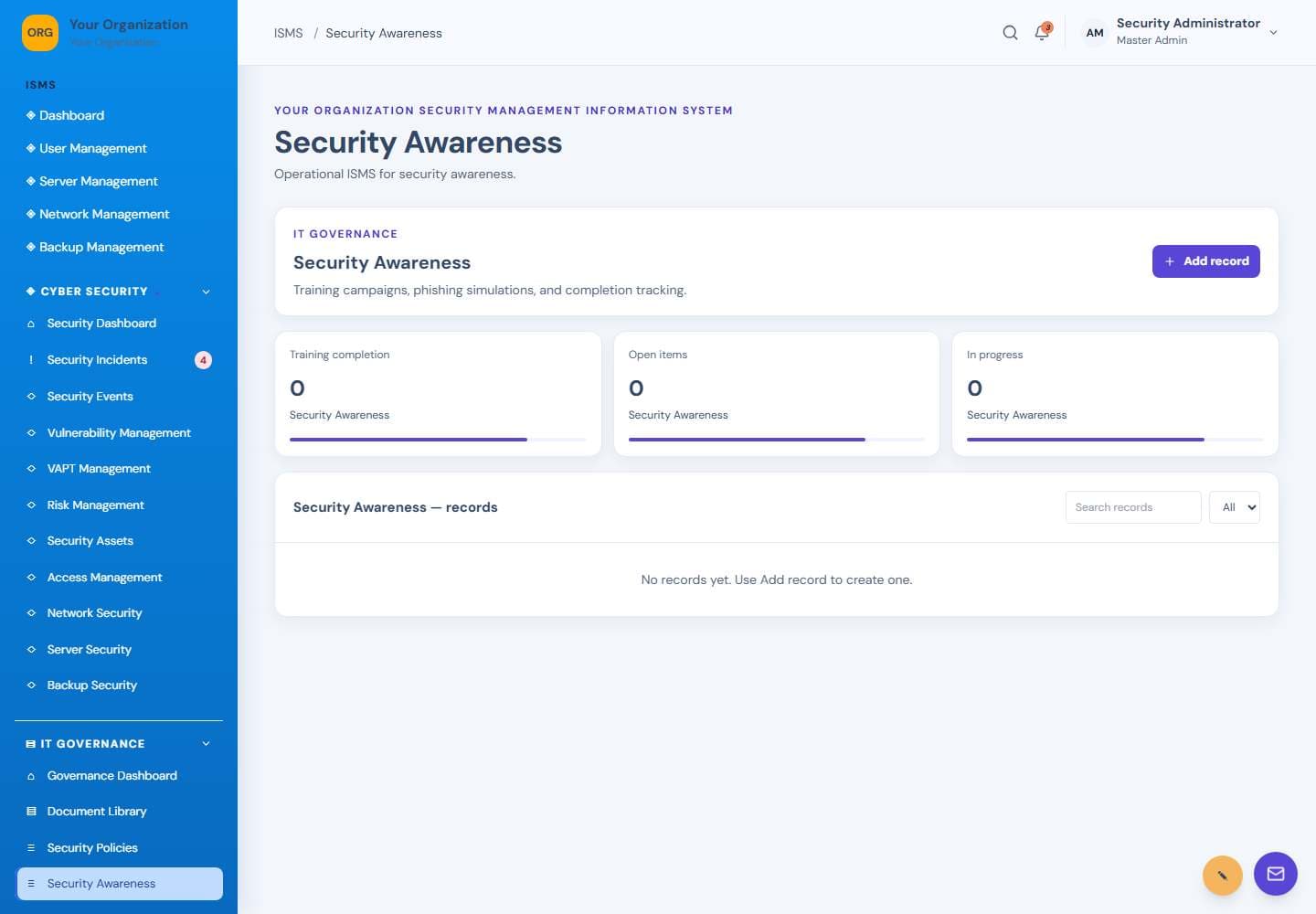 Security Awareness screen: Security awareness