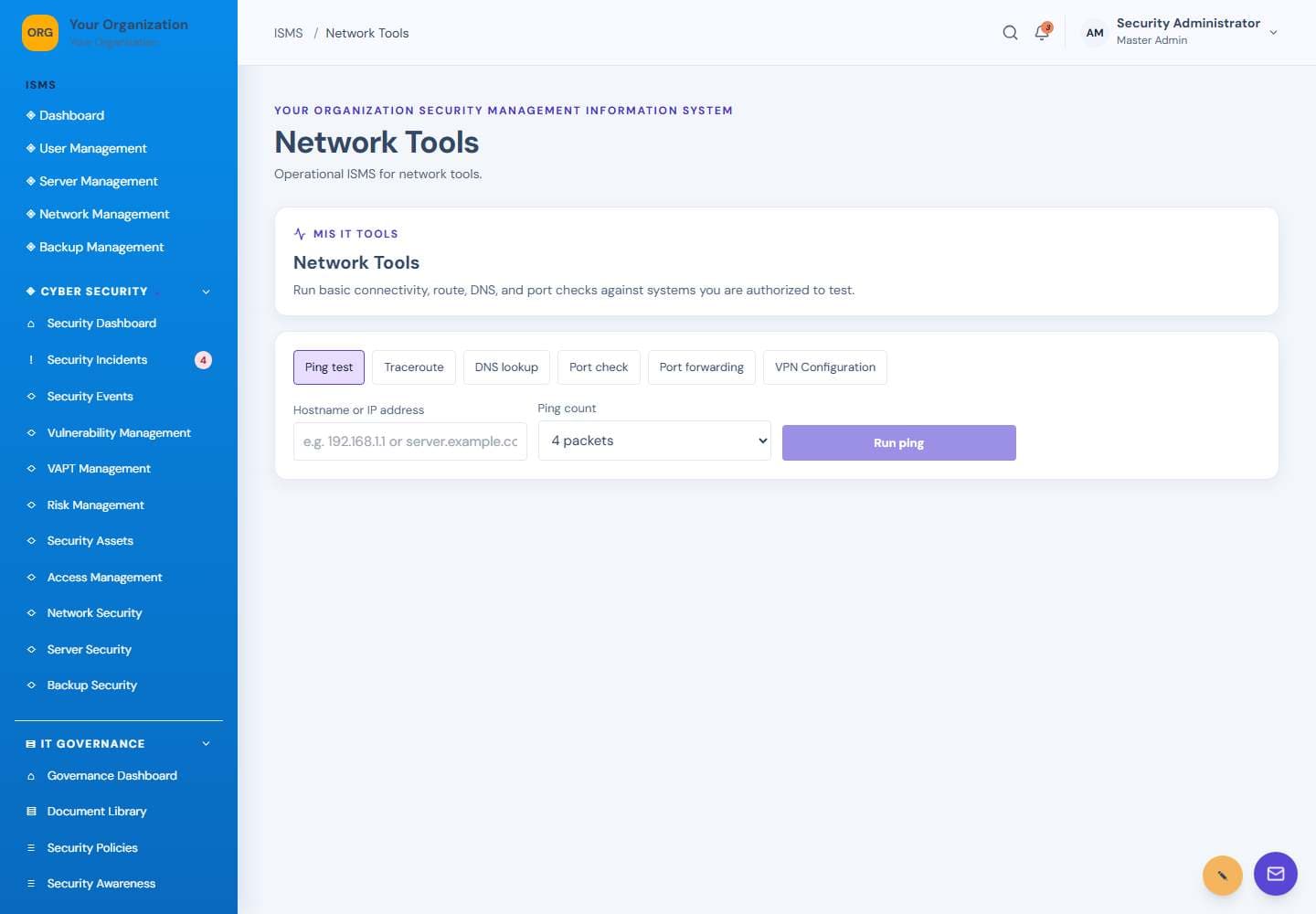 Network Tools screen: Network diagnostics