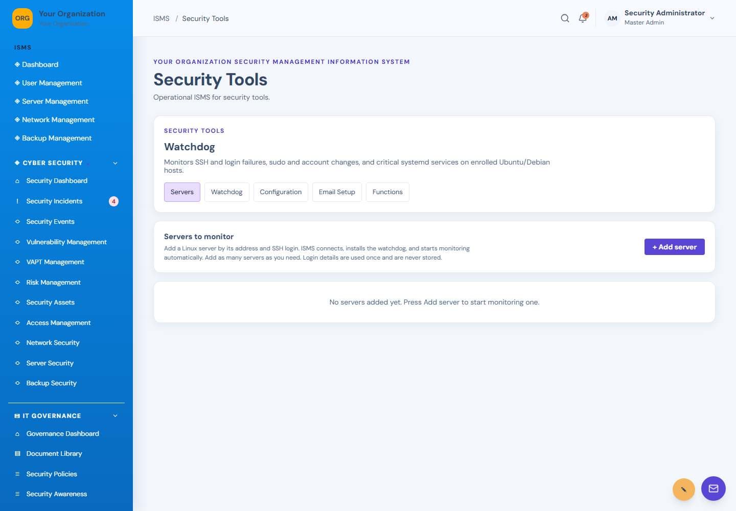 Security Tools screen: Security tools and watchdog