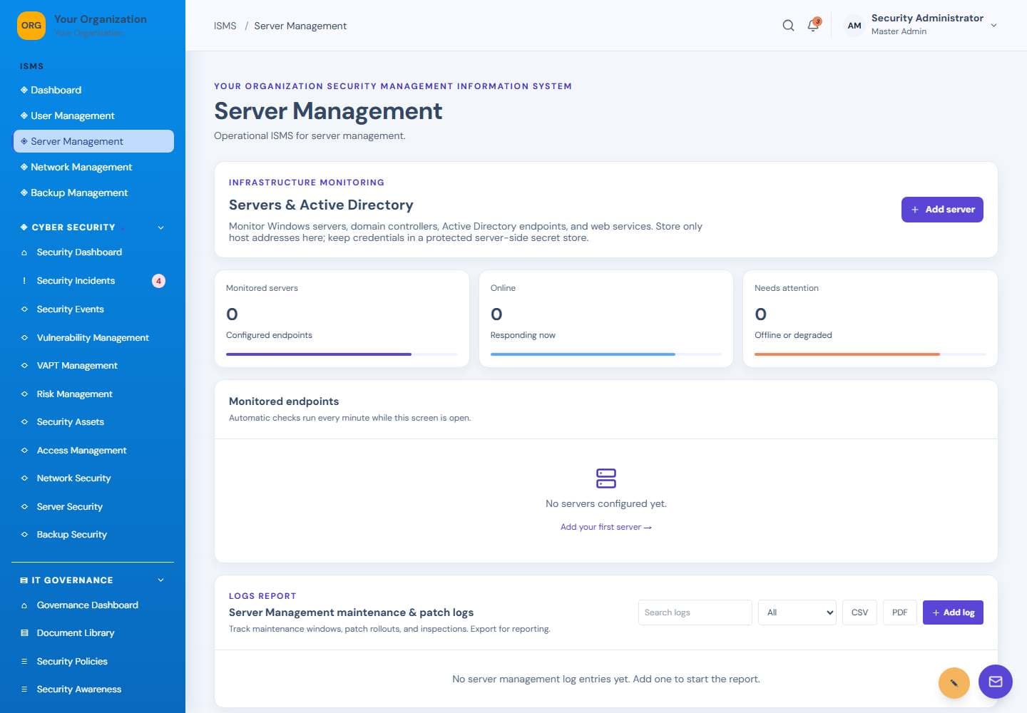 Server Management screen: Server monitoring