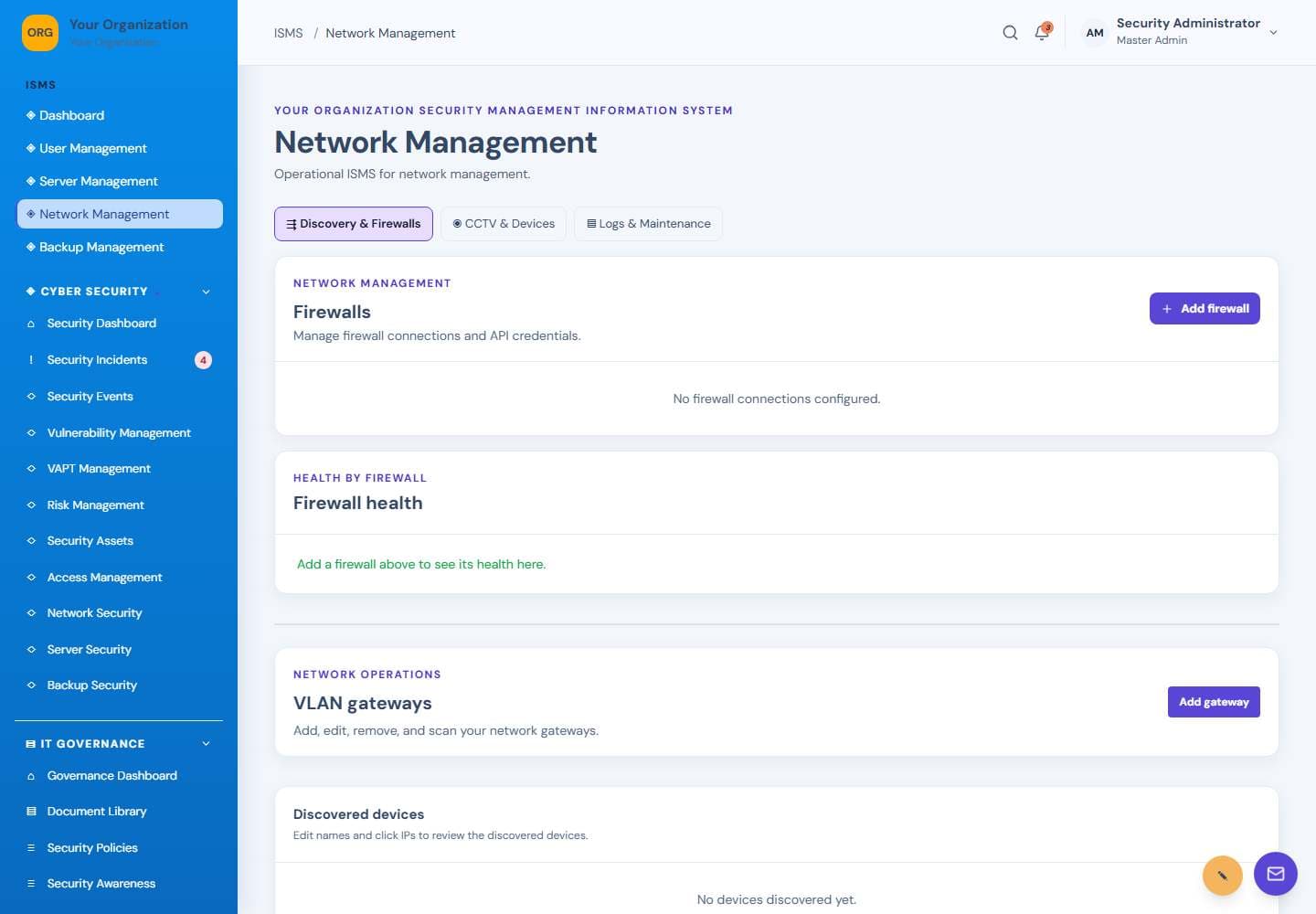 Network Management screen: Network management